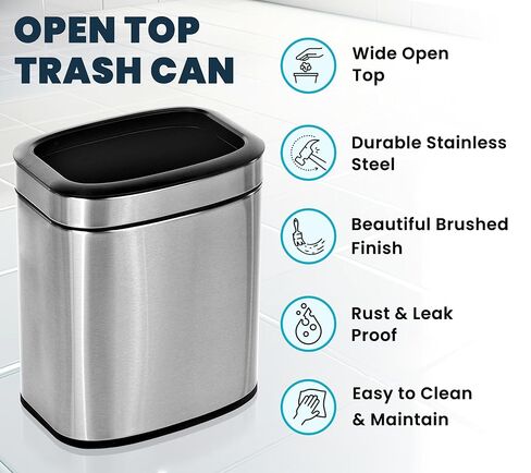 Alpine 10 Liter Small Bathroom Trash Can No Lid - Open Top Stainless Steel Bathroom Trash Can 2.6 Gallon, Slim Silver Trashcans for Bedroom, Office, Desk, Kitchen with Removable Bin for Easy Disposal in Kuwait