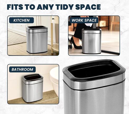 Alpine 10 Liter Small Bathroom Trash Can No Lid - Open Top Stainless Steel Bathroom Trash Can 2.6 Gallon, Slim Silver Trashcans for Bedroom, Office, Desk, Kitchen with Removable Bin for Easy Disposal in Kuwait