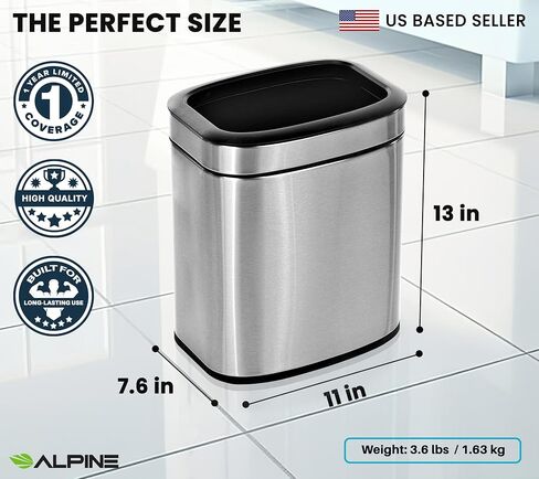 Alpine 10 Liter Small Bathroom Trash Can No Lid - Open Top Stainless Steel Bathroom Trash Can 2.6 Gallon, Slim Silver Trashcans for Bedroom, Office, Desk, Kitchen with Removable Bin for Easy Disposal in Kuwait