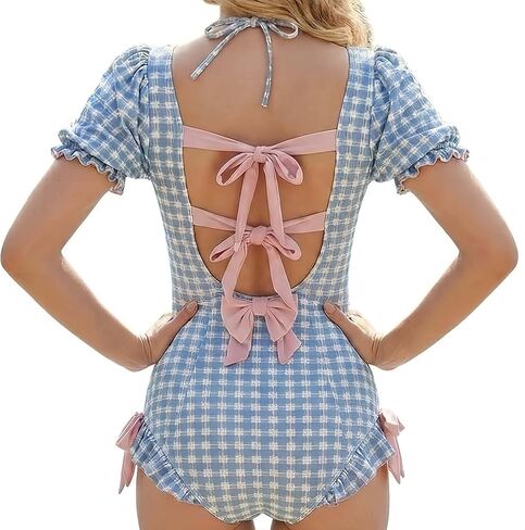Womens One Piece Halter Swimsuit Gingham Bow Modest Push Up Open Back High Waist Boyshort Swimwear in Kuwait