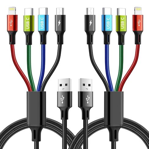 كابل شحن متعدد USB C 4 في 1 من MINLU لأجهزة متعددة، منافذ مزدوجة من النوع C/Lightning/Micro مضفرة خالية من التشابك، شاحن سيارة عالمي للسفر لسلسلة iPhone، Galaxy، Android، iPad، PS-2Pack، 4 أقدام in Kuwait