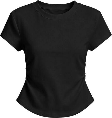 Womens Side Ruching Cropped T Shirts Short Sleeve Crewneck Fitted Top Set Gym Workouts Yoga Casual Tee in Saudi Arabia