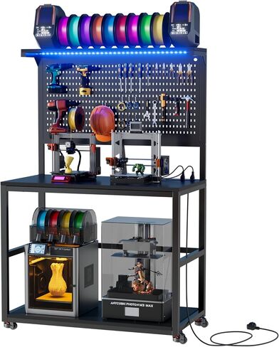 PAKASEPT 3D Printer Stand with Filament Storage Workbench,3D Printer Table with Charging Station & LED Lights,Heavy Duty Rolling Printer Desk with Pegboard for Workshop,Office,Garage,Black in Saudi Arabia
