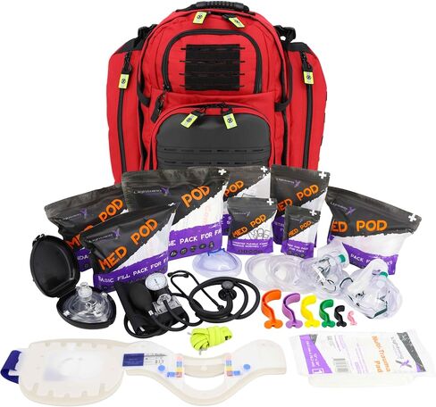 حقيبة الظهر Lightning X TacMed المعيارية للصدمات ALS المجهزة بالكامل لـ EMS / EMT مع مجموعة أدوات الإسعافات الأولية الفاخرة C - أحمر in Kuwait