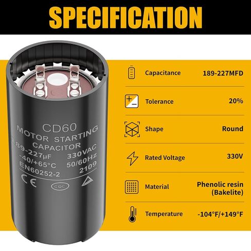 189-227 فائق التوهج/MFD 330 VAC 50/60 هرتز CD60 قطع غيار مكثف بدء تشغيل المحرك الدائري، مناسبة لمكيفات الهواء المركزية ومحركات مروحة المكثف والمضخات الحرارية in Kuwait