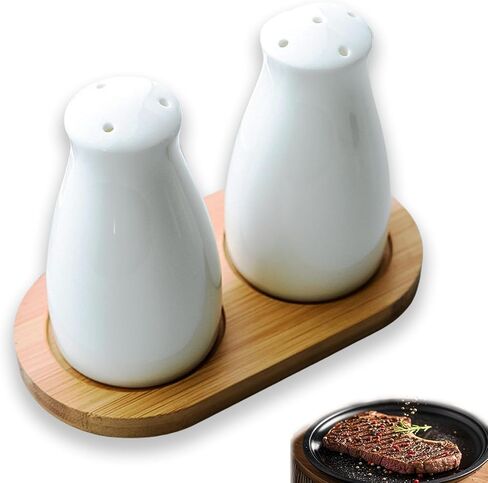 Ceramic Salt and Pepper Shakers Set with a Bamboo Tray,Farmhouse White Salt Shaker for Cooking,Travel,BBQ, Kitchen and Resturant Decor Set of 2 in Kuwait
