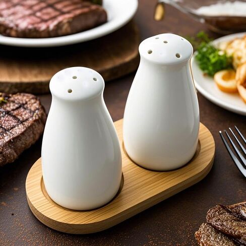 Ceramic Salt and Pepper Shakers Set with a Bamboo Tray,Farmhouse White Salt Shaker for Cooking,Travel,BBQ, Kitchen and Resturant Decor Set of 2 in Kuwait