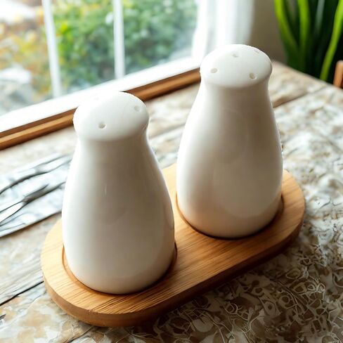 Ceramic Salt and Pepper Shakers Set with a Bamboo Tray,Farmhouse White Salt Shaker for Cooking,Travel,BBQ, Kitchen and Resturant Decor Set of 2 in Kuwait