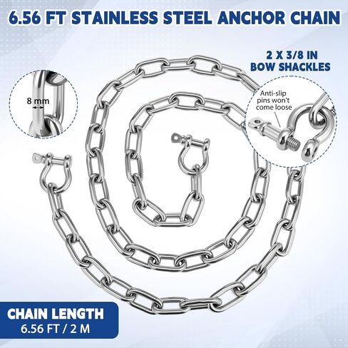 Canchiing 6.56ft قارب مرساة سلسلة 316 الفولاذ المقاوم للصدأ 5/16 "قارب سلسلة مرساة مع 2 قطعة 3/8" مكافحة قبالة الأغلال البحرية الصف اكسسوارات القوارب للقوارب العائمة Pwcs الزورق جون in Kuwait