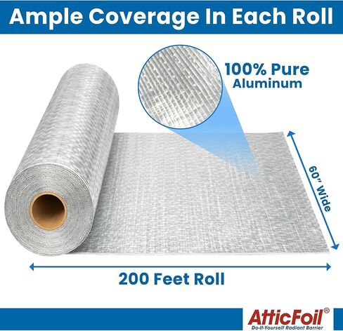 AtticFoil عزل من جانب واحد من رقائق الألومنيوم للحاجز المشع - رقائق ألومنيوم بطول 1000 قدم مربع شديدة التحمل - تحل محل Tyvek في البناء الجديد أو إعادة التصميم، وتعكس الحرارة بعيدًا (عرض 60 بوصة) in Kuwait