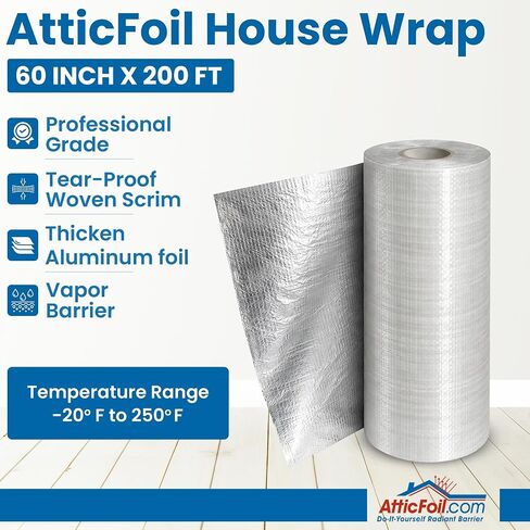 AtticFoil عزل من جانب واحد من رقائق الألومنيوم للحاجز المشع - رقائق ألومنيوم بطول 1000 قدم مربع شديدة التحمل - تحل محل Tyvek في البناء الجديد أو إعادة التصميم، وتعكس الحرارة بعيدًا (عرض 60 بوصة) in Kuwait