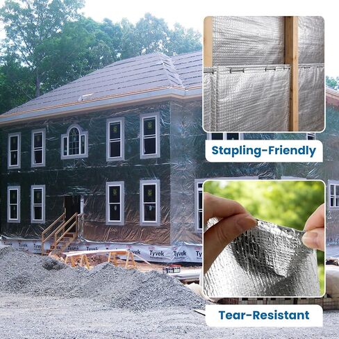AtticFoil عزل من جانب واحد من رقائق الألومنيوم للحاجز المشع - رقائق ألومنيوم بطول 1000 قدم مربع شديدة التحمل - تحل محل Tyvek في البناء الجديد أو إعادة التصميم، وتعكس الحرارة بعيدًا (عرض 60 بوصة) in Kuwait