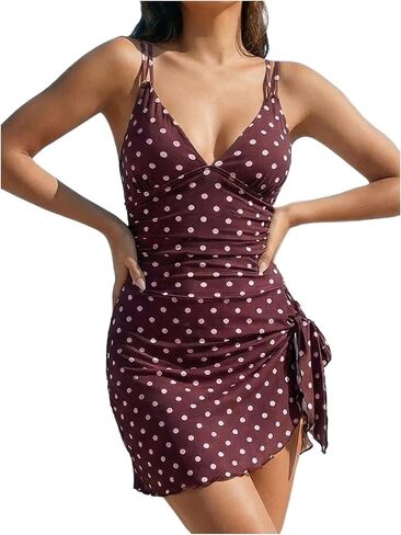 Verdusa Women's Polka Dots One Piece Swimsuit Criss Cross Sleeveless Swim Dress Ruched Summer Bathing Suits in Kuwait