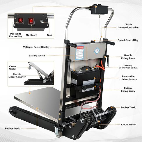 1200W Electric Stair Climbing Hand Truck with Upgraded Tracks & Height‑Adjustable Tray, 900lbs Stair Climber Trolley Lithium Battery with Safety Rope, Heavy Duty Stair Climber, Warehouse Logistics in Kuwait