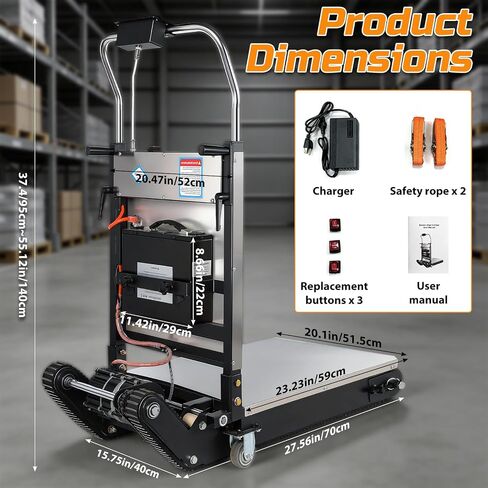 1200W Electric Stair Climbing Hand Truck with Upgraded Tracks & Height‑Adjustable Tray, 900lbs Stair Climber Trolley Lithium Battery with Safety Rope, Heavy Duty Stair Climber, Warehouse Logistics in Kuwait