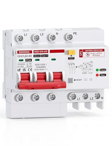 قاطع دائرة خطأ أرضي DIHOOL 60A مع حماية SPD من زيادة التيار، فئة A 4-6mA GFCI، ثنائي القطب 120/240 فولت، DIN Rail RCBO لشاحن EV، HVAC، لوحة المعدات in Kuwait