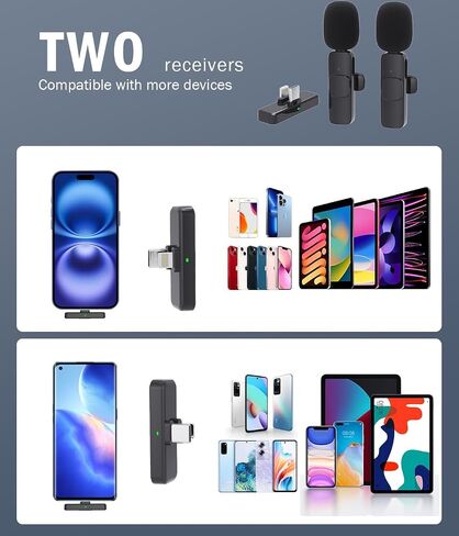 Wireless Mini Microphone for iPhone：2 Pack Lavalier Lapel Mic with AI Noise Cancellation & 70ft Range, 16H Total Battery, Plug and Play Clip-on Android Microphone for YouTube TikTok Podcast Vlogging in Kuwait