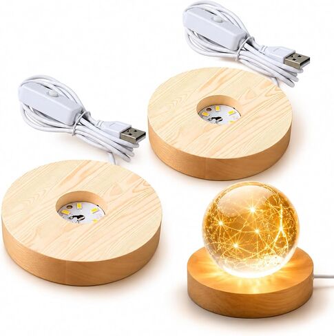 قاعدة عرض خشبية بإضاءة LED مكونة من 4 قطع مع مفتاح، حامل ضوء دافئ مستدير مقاس 3.9 بوصة لتمثال كرة زجاجية كريستالية، حامل مضاء يعمل بمنفذ USB لحرف الراتنج، ديكور فني in Kuwait