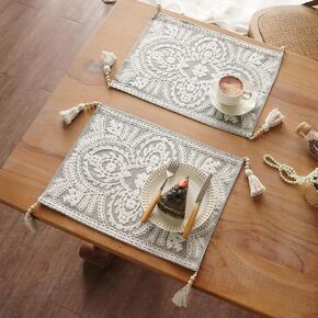 Embroidered Table Runner Boho Farmhouse Dresser Scarf Macrame Rustic Lace Doily with Tassel for Kitchen Indoor Outdoor Fireplace (Beige, 14 x 75 Inches) in Saudi Arabia