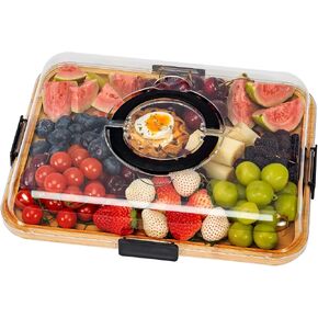 Charcuterie Board with Clear Locking Lid, Portable Travel Cheese Board & Snack Tray with Handle, 6-Compartment Charcuterie Boards, Reversible Cutting Board for Parties, Potlucks, Housewarming Gifts in Kuwait