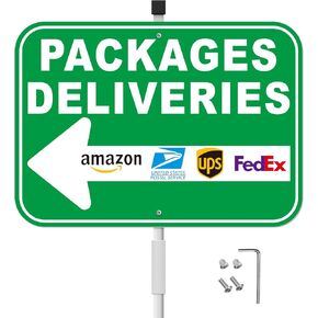 Package Delivery Sign, 12"x8" Reflective Aluminum Yard Sign with 28" Stakes - Easy to Mount, Waterproof, Suitable Includes Amazon, UPS, FedEx Logos for Clear Direction, Green-Left, 1-Pack in Kuwait