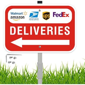 Package Deliveries Sign with Left Direction Arrow, 12x8 Inch Aluminum Metal Sign with 28" Stake, Rust-Free, Outdoor Use, Delivery Instruction for Amazon FedEx USPS UPS Packages in Kuwait