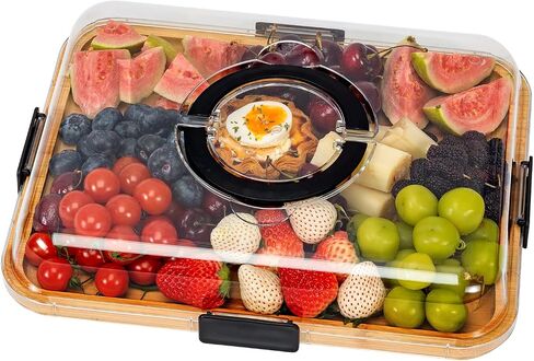 Charcuterie Board with Clear Locking Lid, Portable Travel Cheese Board & Snack Tray with Handle, 6-Compartment Charcuterie Boards, Reversible Cutting Board for Parties, Potlucks, Housewarming Gifts in Kuwait
