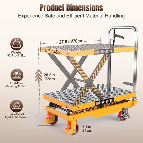 Tera Foldable Hydraulic Lift Table Cart: 330lbs Capacity 28.5" Lifting Height Single Scissor Lift with Non-Slip Pad Anti-Collision Wheels Thickened Scissors for Material Handling and Transportation in Kuwait
