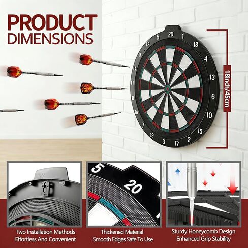 18 Inch Soft Tip Dart Board for Adults, Staple-Free Plastic Surface with 6 Aluminum Darts & 20 Extra Tips, Indoor/Outdoor Game Room Bar Dartboard Set in Kuwait