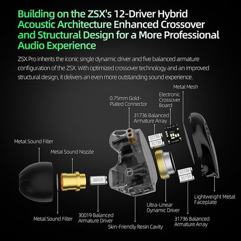 KZ ZSX Pro – 5BA+1DD 6 Driver Hybrid in-Ear HiFi Earphones, in Ear Earbuds, in-Ears Headphones for Audiophile Musicians (Without mic, Black) in Saudi Arabia