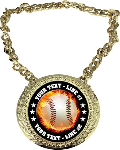 Express Medals Custom Flame Baseball Champ Chain Trophy with 2 Lines of Personalized Text on a Large Rigid Plastic Award Medal and 34 Inch Long Gold Color Neck Chain. EMFCL808 in Kuwait