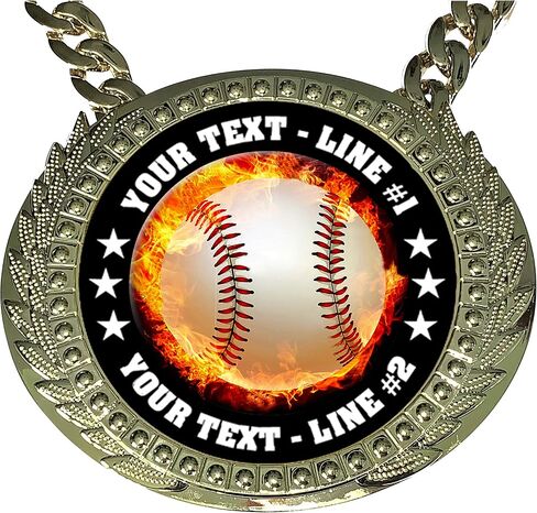 Express Medals Custom Flame Baseball Champ Chain Trophy with 2 Lines of Personalized Text on a Large Rigid Plastic Award Medal and 34 Inch Long Gold Color Neck Chain. EMFCL808 in Kuwait