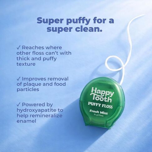 Happy Tooth Dental Floss, Natural Floss for Daily Dental Hygiene, Expanding String Floss for Tight Spaces Between Teeth, with Hydroxyapatite and Mint Flavor Tooth Cleaning Routine, 3 Pack in Kuwait
