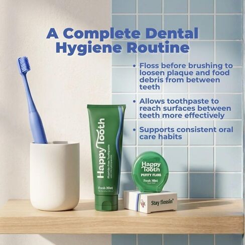 Happy Tooth Dental Floss, Natural Floss for Daily Dental Hygiene, Expanding String Floss for Tight Spaces Between Teeth, with Hydroxyapatite and Mint Flavor Tooth Cleaning Routine, 3 Pack in Kuwait