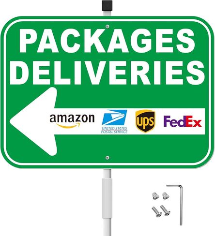 Package Delivery Sign, 12"x8" Reflective Aluminum Yard Sign with 28" Stakes - Easy to Mount, Waterproof, Suitable Includes Amazon, UPS, FedEx Logos for Clear Direction, Green-Left, 1-Pack in Kuwait