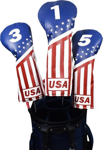 US Flag 3pcs Golf Club Headcovers, PU Leather Head Covers for Drivers Fairway Woods Hybrids, Waterproof Protective Golf Club Covers for Men Women Golfers in Kuwait