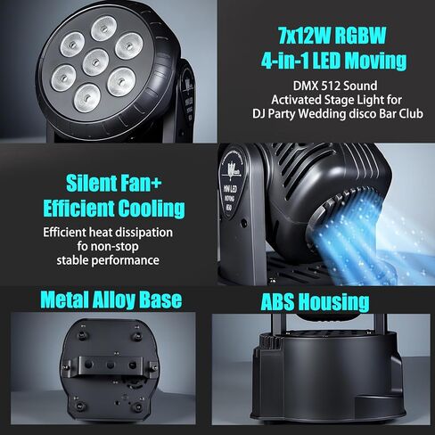 مصابيح DJ برأس متحرك من AGVYBE، 7 × 12 وات RGBW LED، ضوء غسيل 6000 لومن وأضواء كاشفة، تنشيط الصوت وDMX512 + جهاز تحكم عن بعد للديسكو، والحفلات، والزفاف، والنوادي، والحفلات الموسيقية (قطعة واحدة) in Kuwait