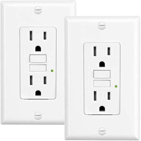 مخرج GFCI 15 أمبير، اختبار ذاتي، مخرج كهربائي GFI بتصميم أنحف، وعاء GFCI مقاوم للطقس WR، قاطعات دائرة الأعطال الأرضية، استخدام داخلي أو خارجي، مدرج في قائمة UL (1، أبيض، 15 أمبير) in Kuwait