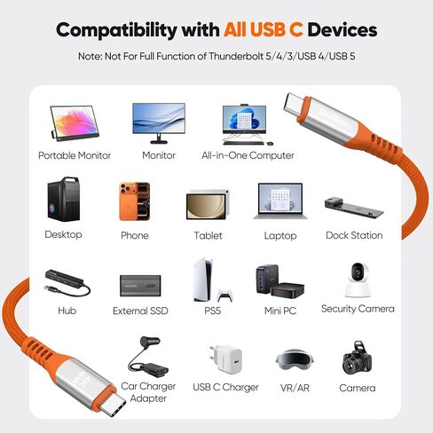 كابل شاشة USB C بطول 3 أقدام، 4K@60 هرتز عرض فيديو/20 جيجابت في الثانية USBC 3.2 Gen 2x2 نقل البيانات/240 وات شحن USB من النوع C سلك طاقة برتقالي لـ KYY InnoView Lepow Z1 15.6 في ViewSonic كمبيوتر محمول بشاشة محمولة SSD in Kuwait