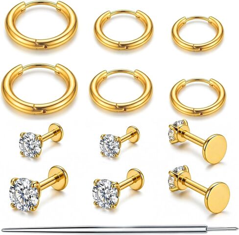 5 Pairs Flat Back Stud Earrings& 3 Pairs Hoop Earrings Set, Hypoallergenic Cubic Zirconia F136 Stainless Steel Jewelry For Women Man CZ Size 3-7mm in Saudi Arabia