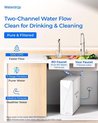 Waterdrop X12-PRO Dual Flow Reverse Osmosis Water Filter, Alkaline Mineral, 1200 GPD Tankless RO System, 11-Stage RO Water Filter, Smart Faucet, BPA Free, Attaches to Your Existing Kitchen Faucet in Kuwait