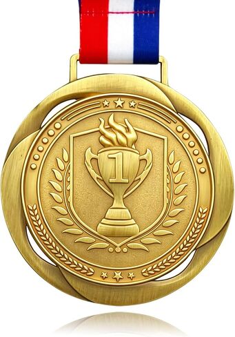 ميدالية المركز الأول، ميدالية كبيرة - بعرض 8.34 سم - ميداليات الفائز بالنمط الأولمبي وشريط رقبة ذهبي ومخطط - مثالي لأي منافسة ومدربين وطلاب ورياضيين وأكاديميين in Kuwait