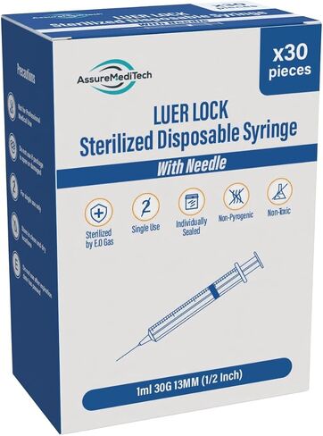 1ml Luer Lock Tip Disposable Syringe with Needle Gauge Size 30G 13MM (0.5 inch), Individually Sealed, Hygienic and Blister Wrapped - (Pack of 30) in Kuwait