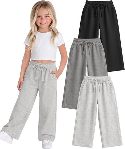 Ficerd 3 Pack Toddler Girls' Wide Leg Sweatpants 18M-5T High Waist Loose Pants Baby Drawstring Baggy Bottoms with Pockets in Kuwait