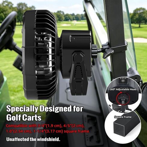 مروحة Roykaw Golf Cart المحمولة القابلة لإعادة الشحن متوافقة مع EZGO Club Car Yamaha 3 سرعات / فانوس LED، مروحة لاسلكية مع جهاز تحكم عن بعد / مقبض / خطاف تعليق، منفذ USB ونوع C in Kuwait