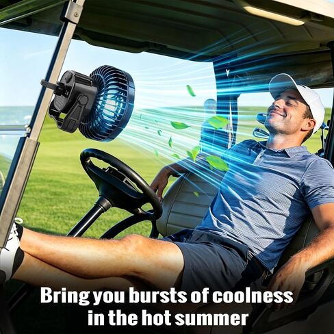 مروحة Roykaw Golf Cart المحمولة القابلة لإعادة الشحن متوافقة مع EZGO Club Car Yamaha 3 سرعات / فانوس LED، مروحة لاسلكية مع جهاز تحكم عن بعد / مقبض / خطاف تعليق، منفذ USB ونوع C in Kuwait