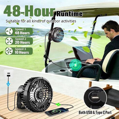 مروحة Roykaw Golf Cart المحمولة القابلة لإعادة الشحن متوافقة مع EZGO Club Car Yamaha 3 سرعات / فانوس LED، مروحة لاسلكية مع جهاز تحكم عن بعد / مقبض / خطاف تعليق، منفذ USB ونوع C in Kuwait