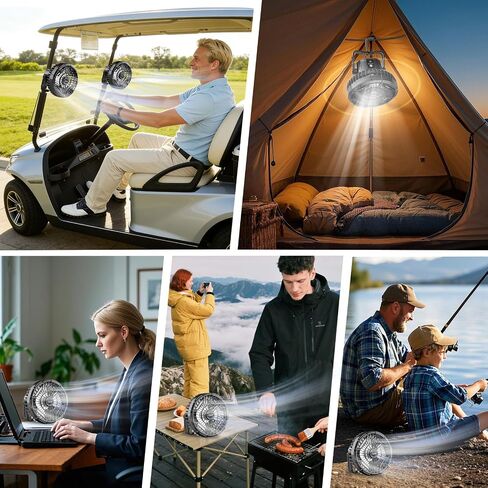 مروحة Roykaw Golf Cart المحمولة القابلة لإعادة الشحن متوافقة مع EZGO Club Car Yamaha 3 سرعات / فانوس LED، مروحة لاسلكية مع جهاز تحكم عن بعد / مقبض / خطاف تعليق، منفذ USB ونوع C in Kuwait