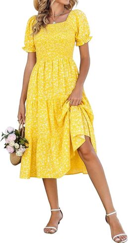 Younrui Spring Dresses for Women 2026 Casual Easter Floral Sundresses Smocked Square Neck Midi Long Dress with Pockets in Saudi Arabia