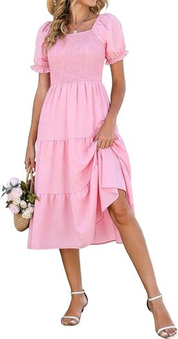Younrui Spring Dresses for Women 2026 Casual Easter Floral Sundresses Smocked Square Neck Midi Long Dress with Pockets in Saudi Arabia